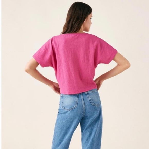 Zara Pink Short Sleeve Drawstring V Neck Relaxed Crop Top Women's Size Small S - Picture 3 of 11